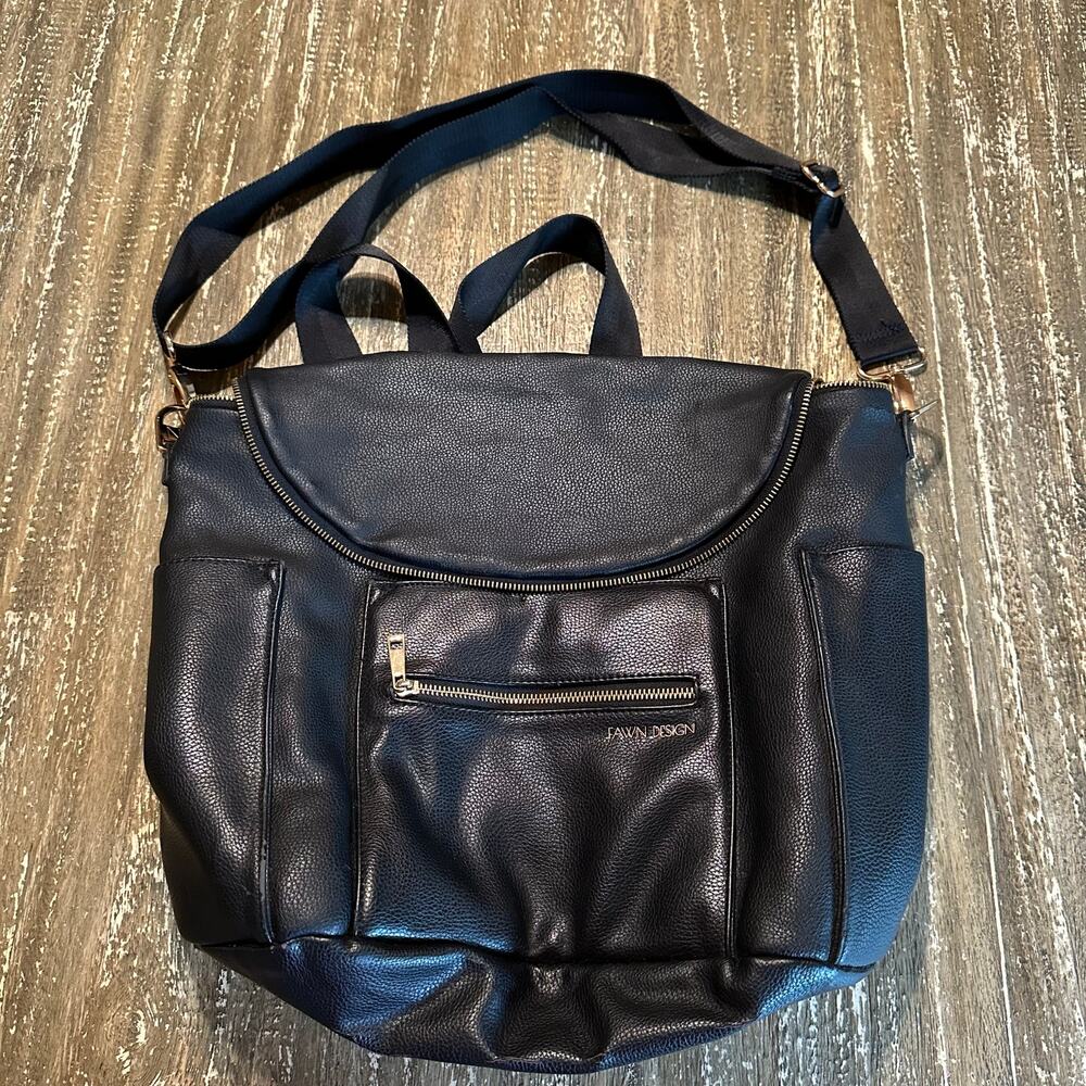 Fawn Design Vegan Leather Diaper Bag Tote Backpack Black Shoulder Strap 18”x14”
